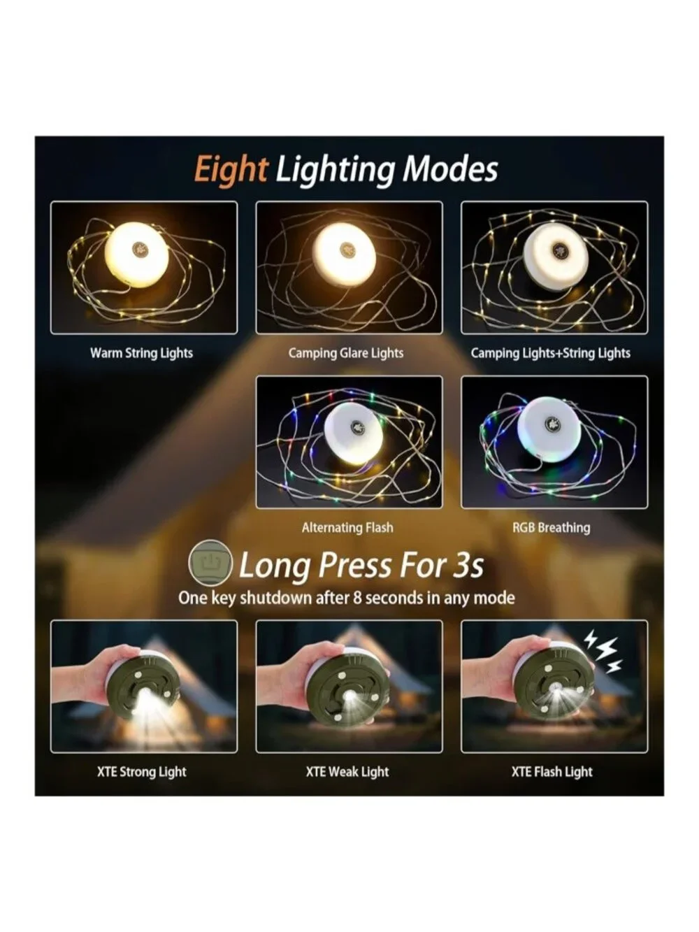 Cascade Rechargable Retractable Camping Lights 7 light modes 2 pack